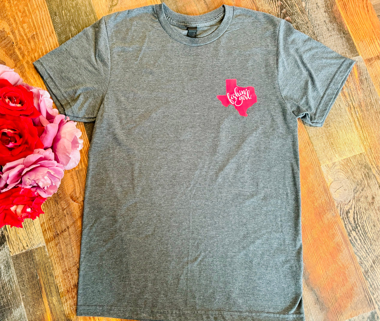 Grey Fishin' Girl T-Shirt (Pink Logo)