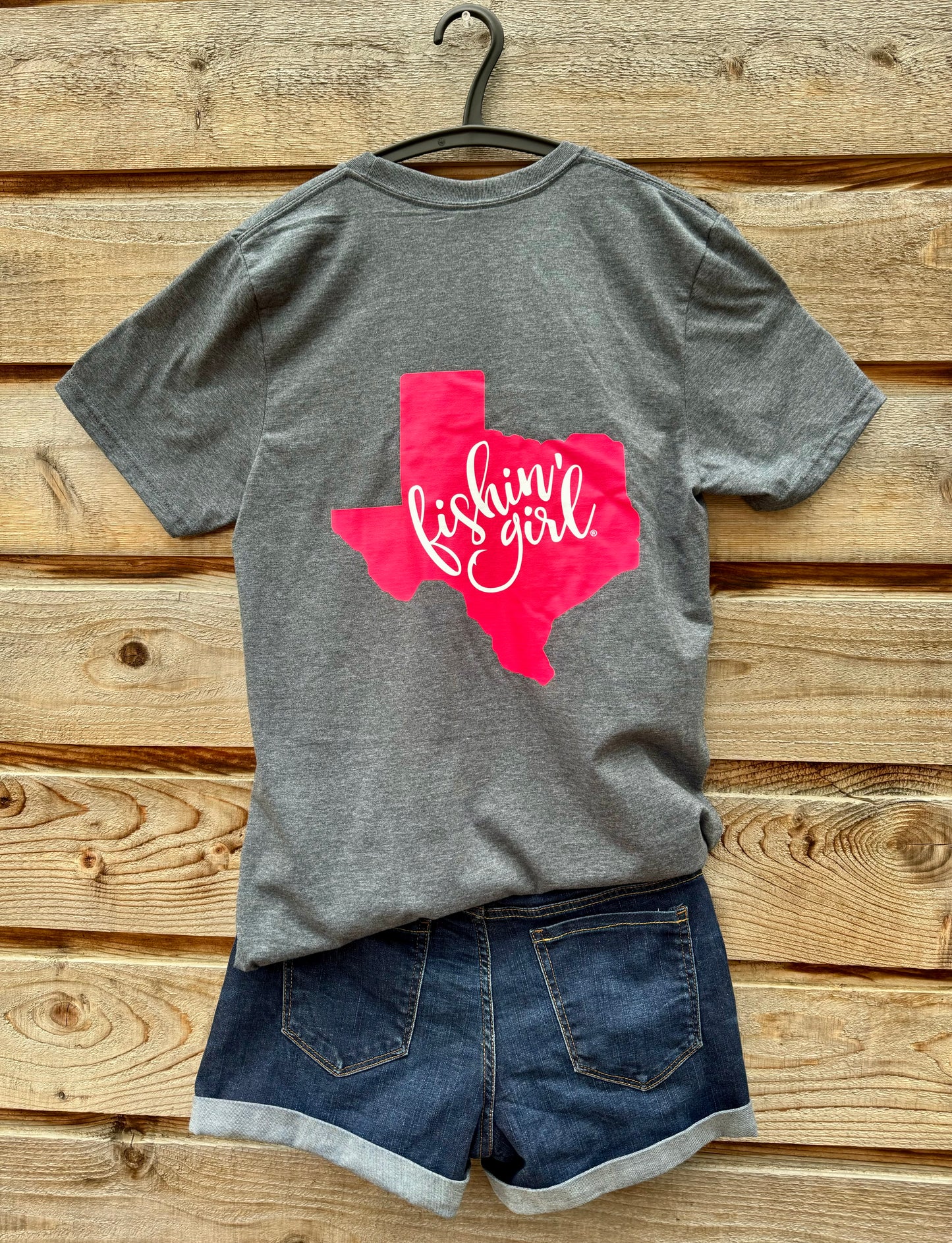 Grey Fishin' Girl T-Shirt (Pink Logo)