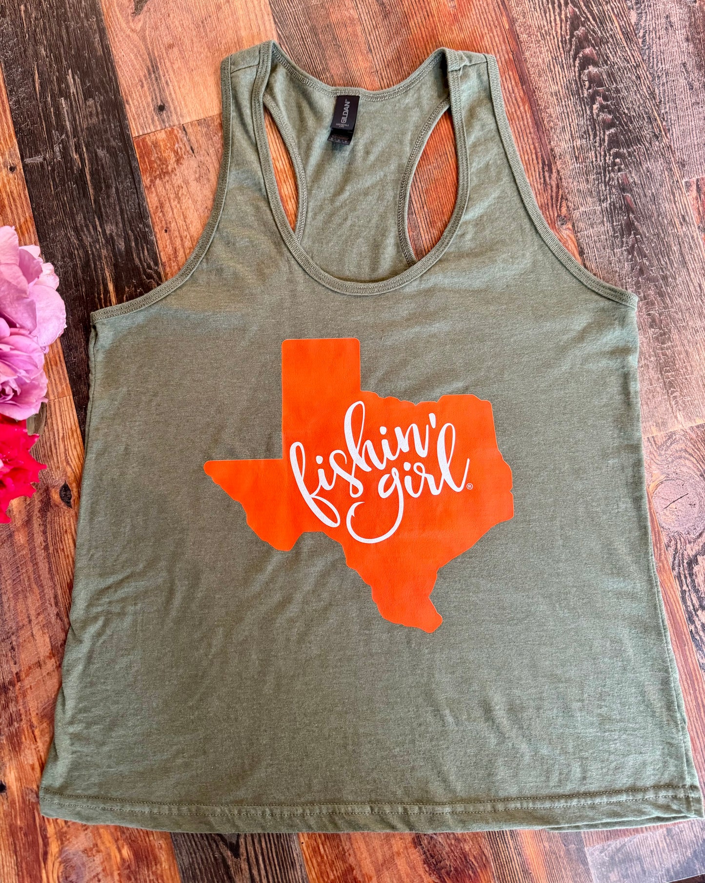 Sage Green Fishin' Girl Tank Top (Orange Logo)