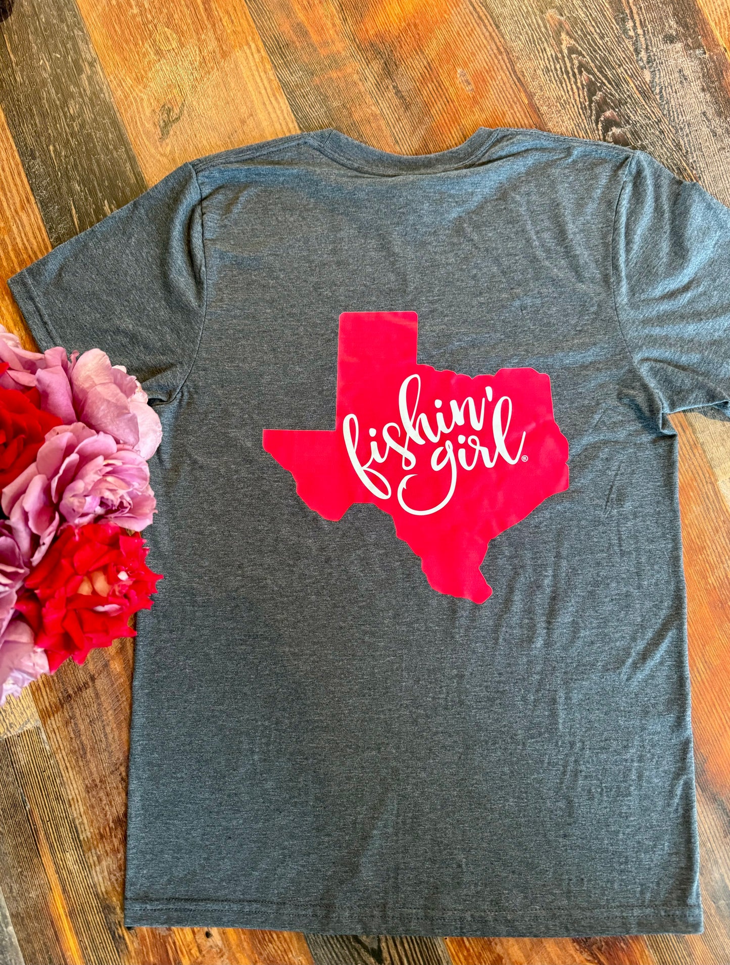 Grey Fishin' Girl T-Shirt (Pink Logo)