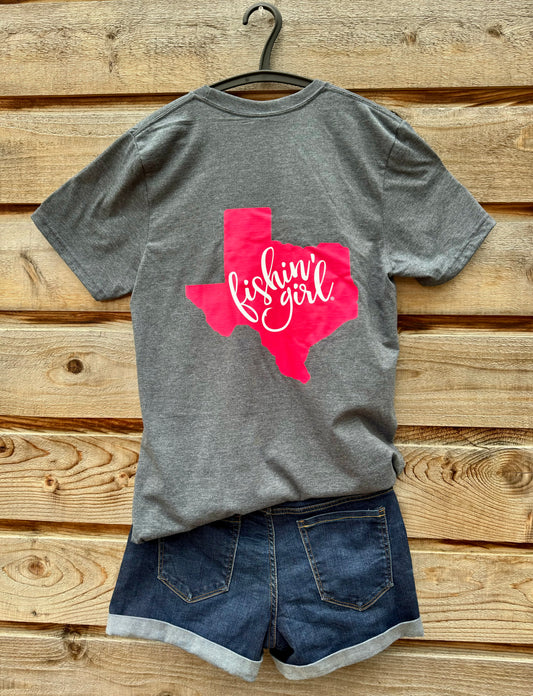 Grey Fishin' Girl T-Shirt (Pink Logo)