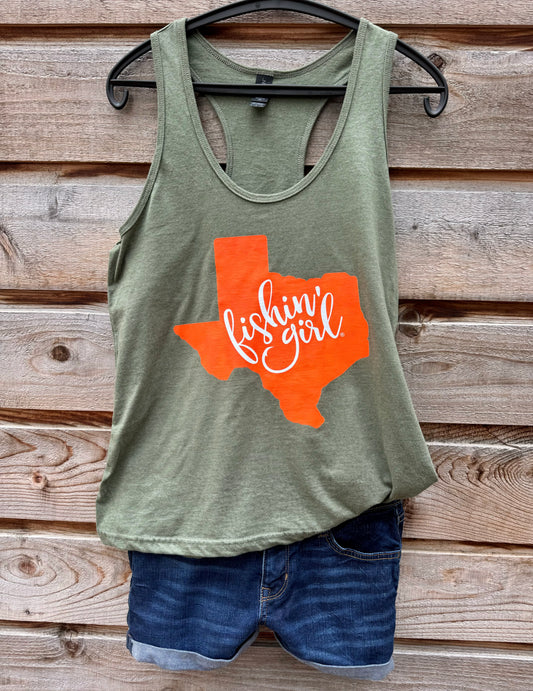 Sage Green Fishin' Girl Tank Top (Orange Logo)
